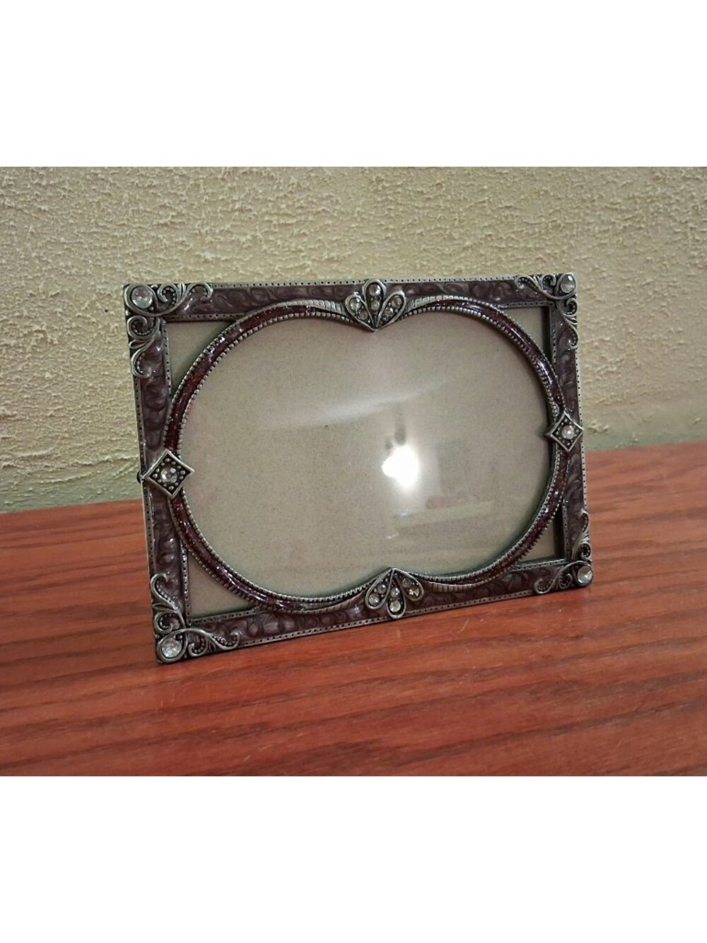 Frame Photo Picture Ornate Pewter Enamel Rhinestone Vintage For 4x6 Photo